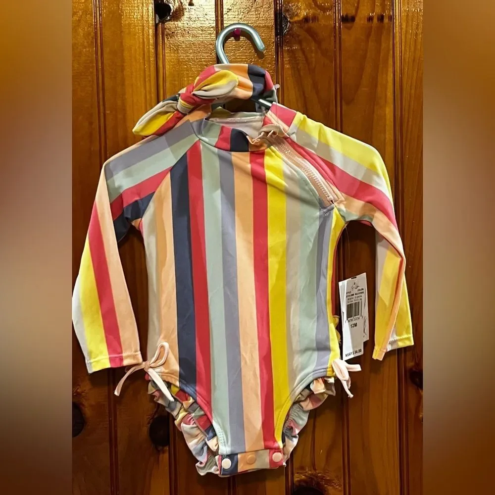Jessica Simpson Striped one piece baby swimsuit matching bow  Size 12 M NWT